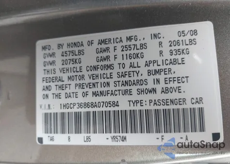 2008 Honda Accord 3.5 Ex-L из США, поврежденный, VIN 1HGCP36868A070584